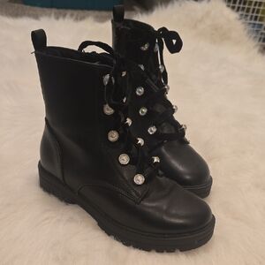 art class Black Girls' Combat Boots with Rhinestone Eyelets & Black Velvet Laces